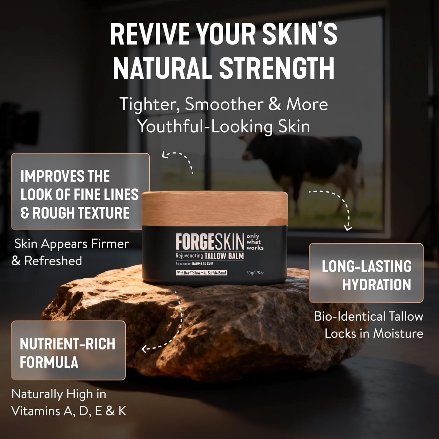 FORGE SKIN Wrinkle Defense Beef Tallow Balm for Men, Face Moisturizer, Anti-Aging Skin Cream, Natural Facial Care Lotion with Essential Oils, 50 ml