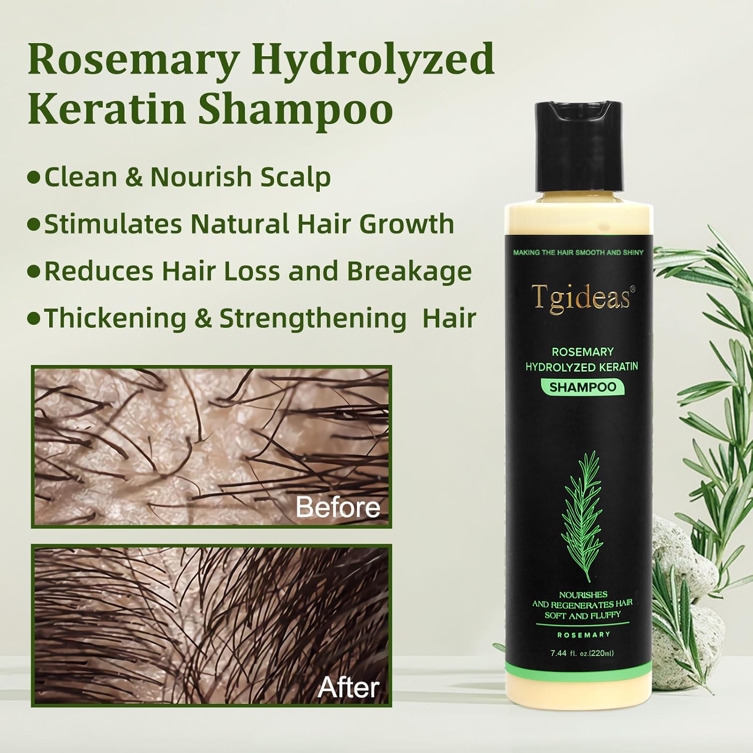 Tgideas Organic Shampoo for Hair Growth Rosemary and , Natural for Strengthening and Thickening with Hydrolyzed Keratin for Fine and Loss, for Women Men, 7.4ml