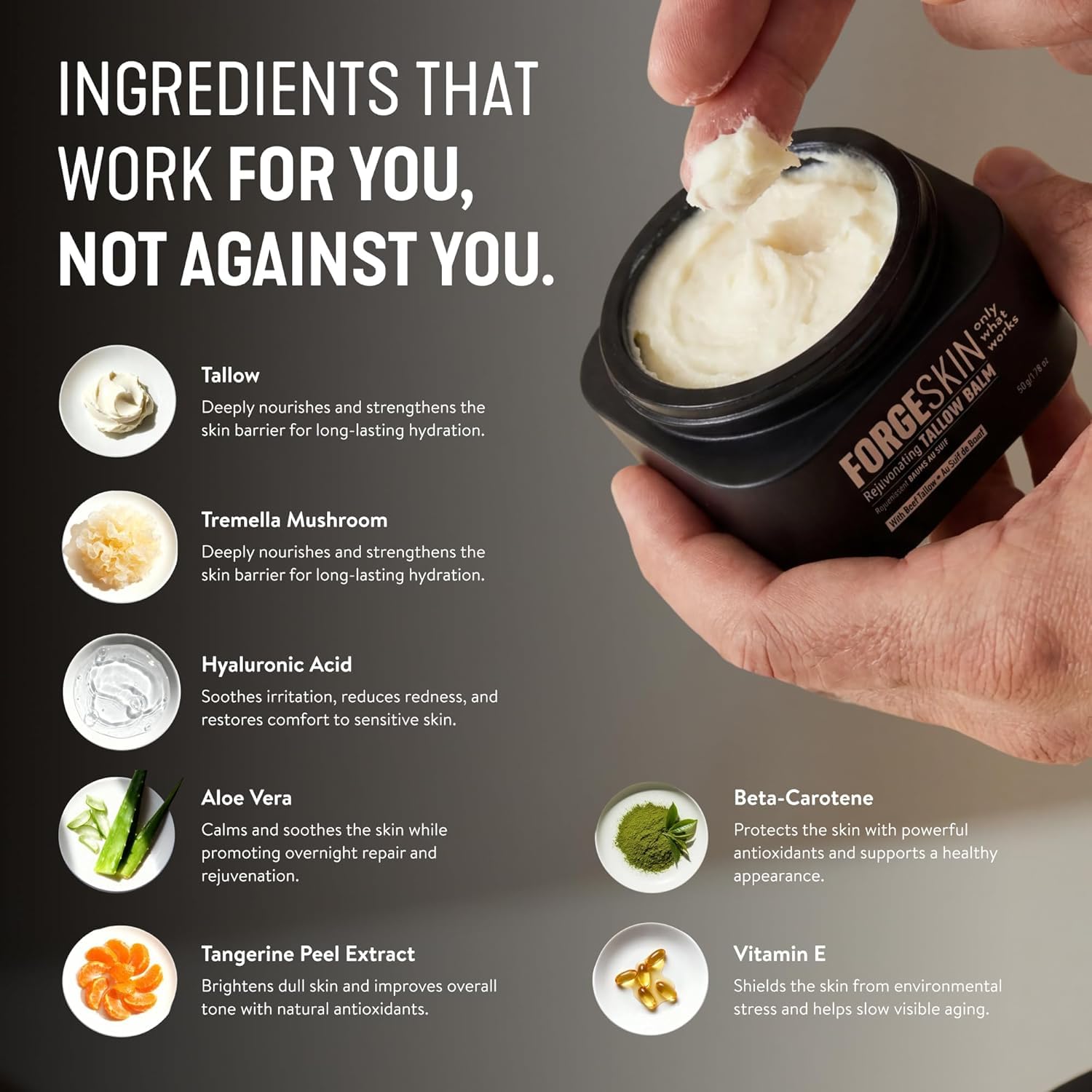 FORGE SKIN Wrinkle Defense Beef Tallow Balm for Men, Face Moisturizer, Anti-Aging Skin Cream, Natural Facial Care Lotion with Essential Oils, 50 ml