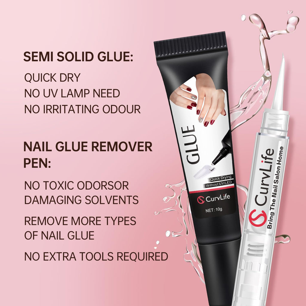 Curvlife 10g Semi Solid Nail Glue Gel with 5ml Nail Glue Remover Pen, No Need for Uv Light, Valentine's Day Gifts Gel Glue for Press On Nails, Click&Remove Pen